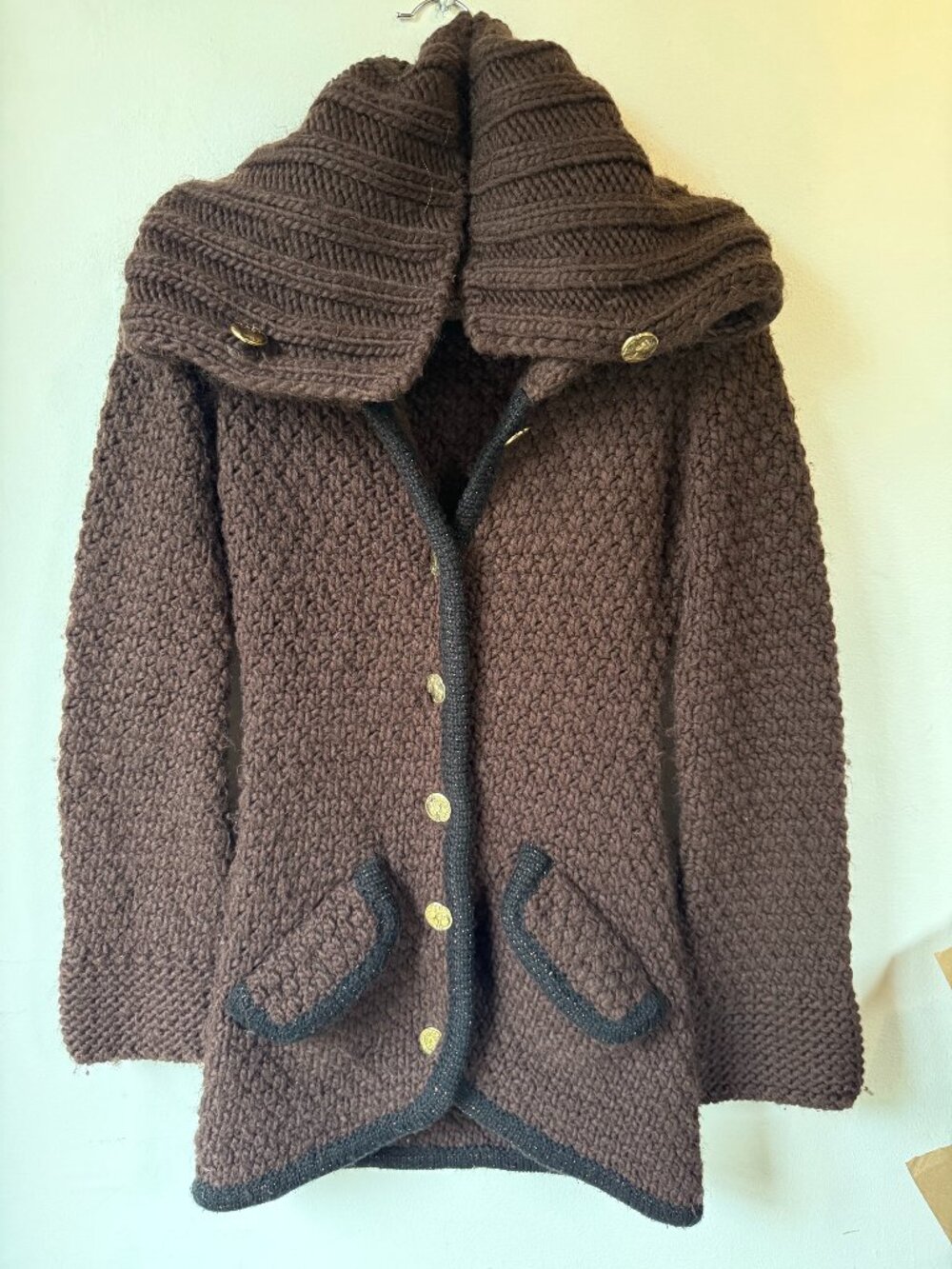 Miss Sixty brown, black and gold thick but fitted sweater with gold buttons
